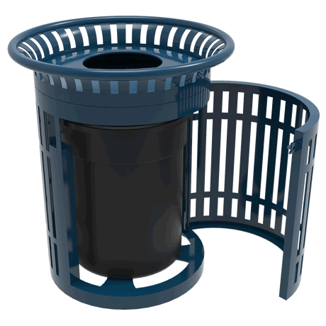 Powder Coated Skyline Trash Receptacle with Flared Top, Side Opening, Plastic Lid and Liner